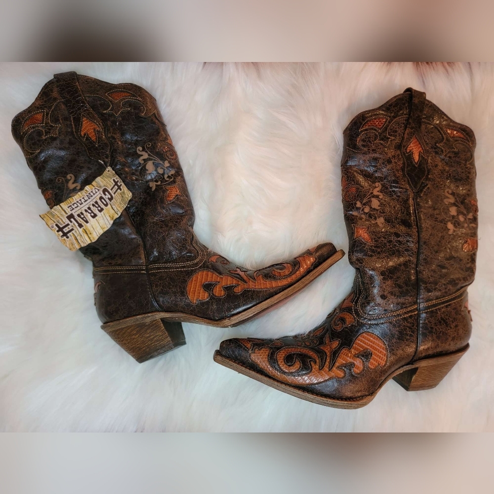 Corral Vintage Cognac leather snip toe Cowgirl boots 8.5